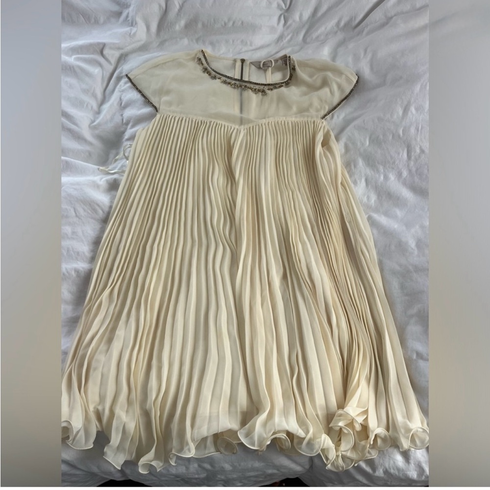 Ted Baker London - Pleated Mini Dress w/ Belt. Embroidered sleeves & Neckline.